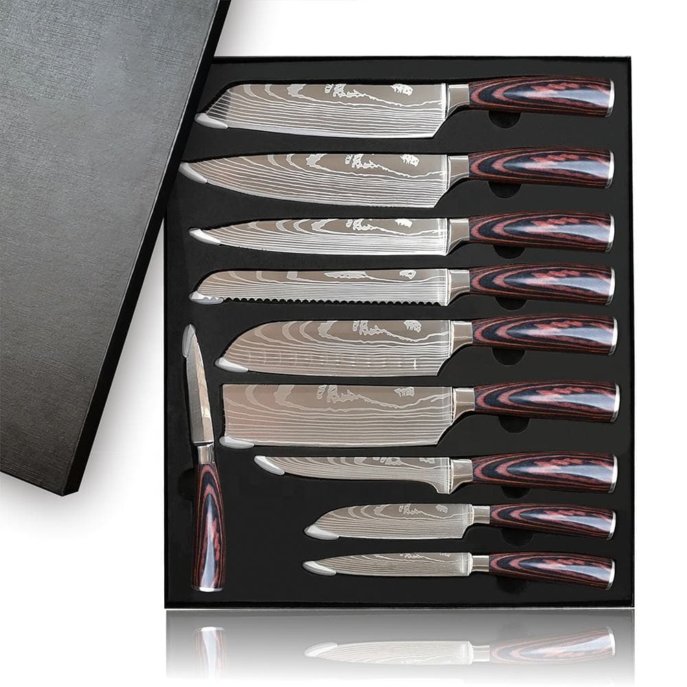 10 Pcs Handmade Knife Japanese Pakka Wood Handle Damascus Steel Laster Pattern Kitchen Chef Knife Set