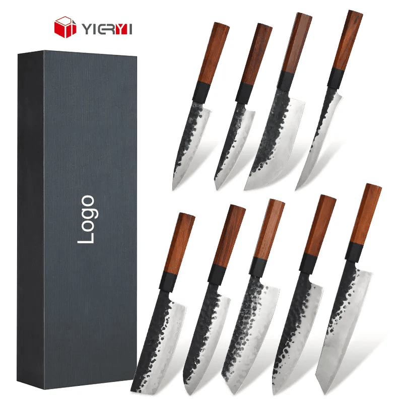 9 PCS High Carbon Chef Kitchen Butcher Knife Set Handmade Forged Hammered Santoku Japanese Kristsuke Knife With Knife Block