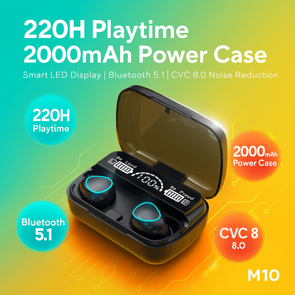 AI Earbuds M10 Bt5.1 Smart Display Wireless Earphones 2000mAh Charging Case OEM Factory Custom Long Battery Life TWS