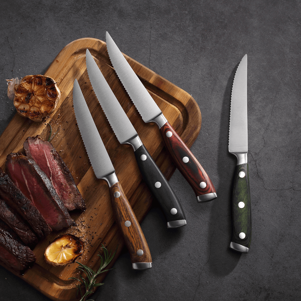 Commercial High Quality Stainless Steel Full Serrated Steak Knife Set Metal Meat Knife With Wood Handle PP Material Restaurants