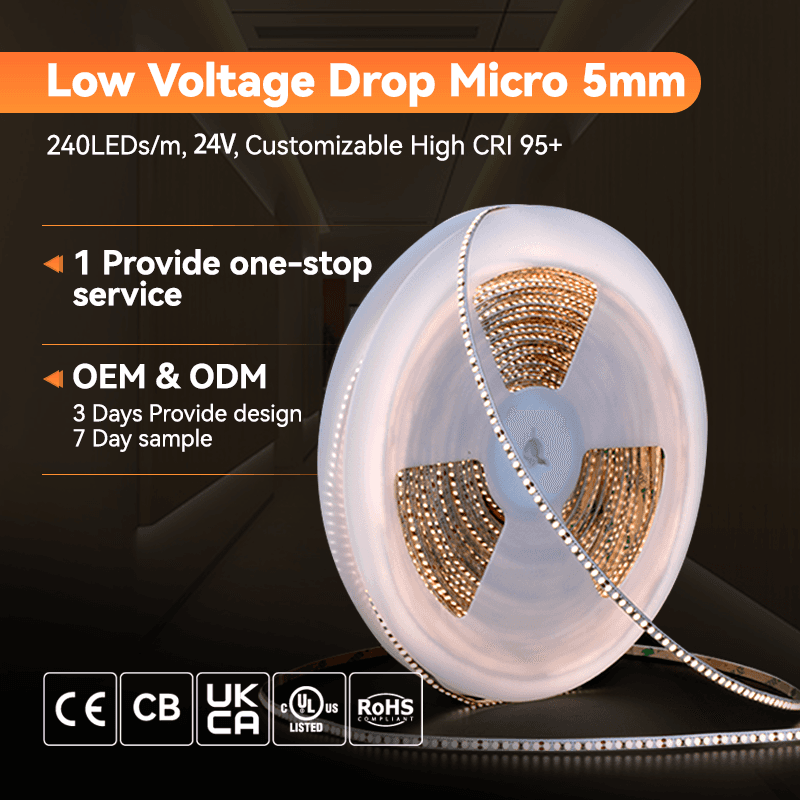 Customizable High CRI 95+ 240LED/m Low Voltage Drop Micro 5mm 24V 15W/m Copper SMD LED Strip for Commercial Decoration Lighting