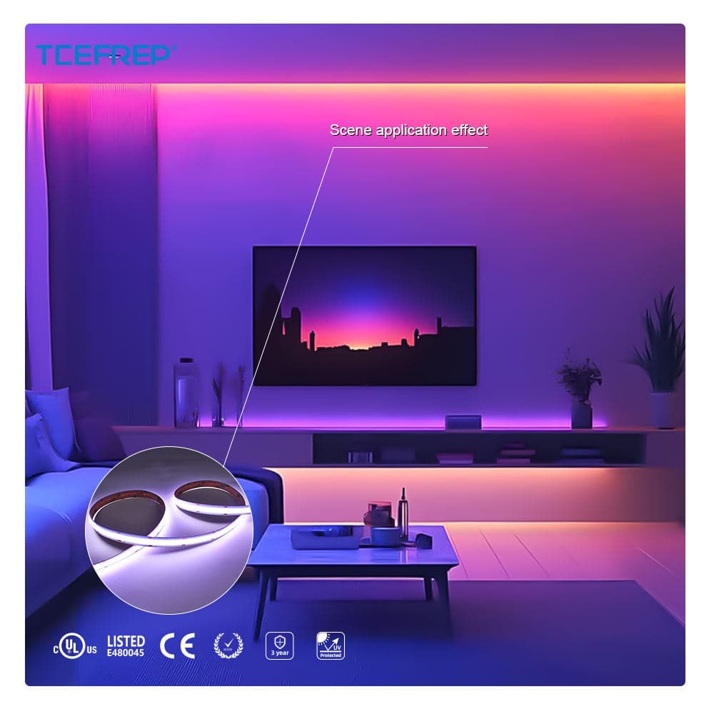 High Density Smart Multicolor RGB COB Flexible LED Strip WiFi/Bluetooth Controlled Smooth Color Changing for Room Decor