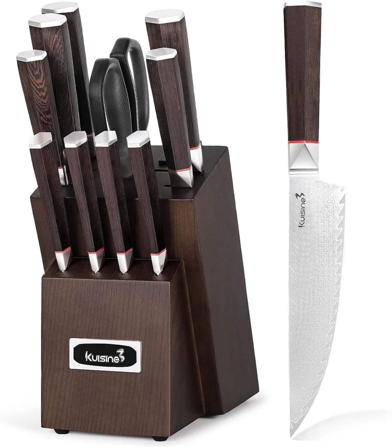 Kuisine 12-Piece Damascus Steel Knife Block Set Wooden Handles Ambidextrous Design Dishwasher Safe Ultra Sharp Chef Knife Set