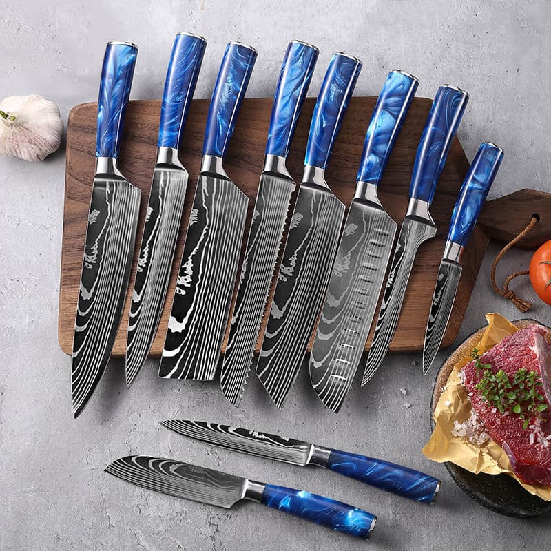 MANJIA Japanese 10 Types Luxury Resin Handle Stainless Damascus Texture Blade Professional Bread Nakiri Chef Kitchen Knife Set