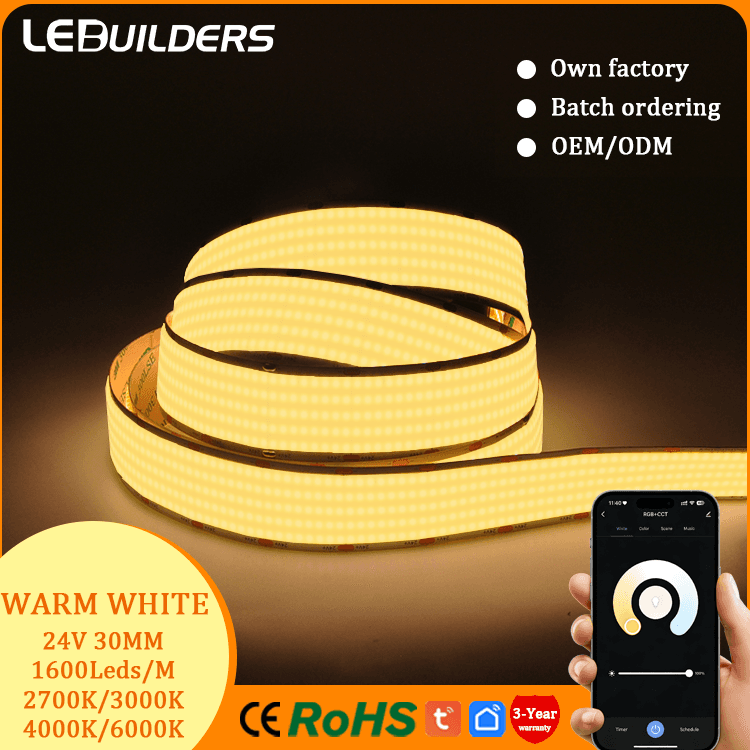 Super Bright 5 Rows COB Copper Led Strip 30MM Wide 24V High CRI Flexible Voice Control Led Strip Light
