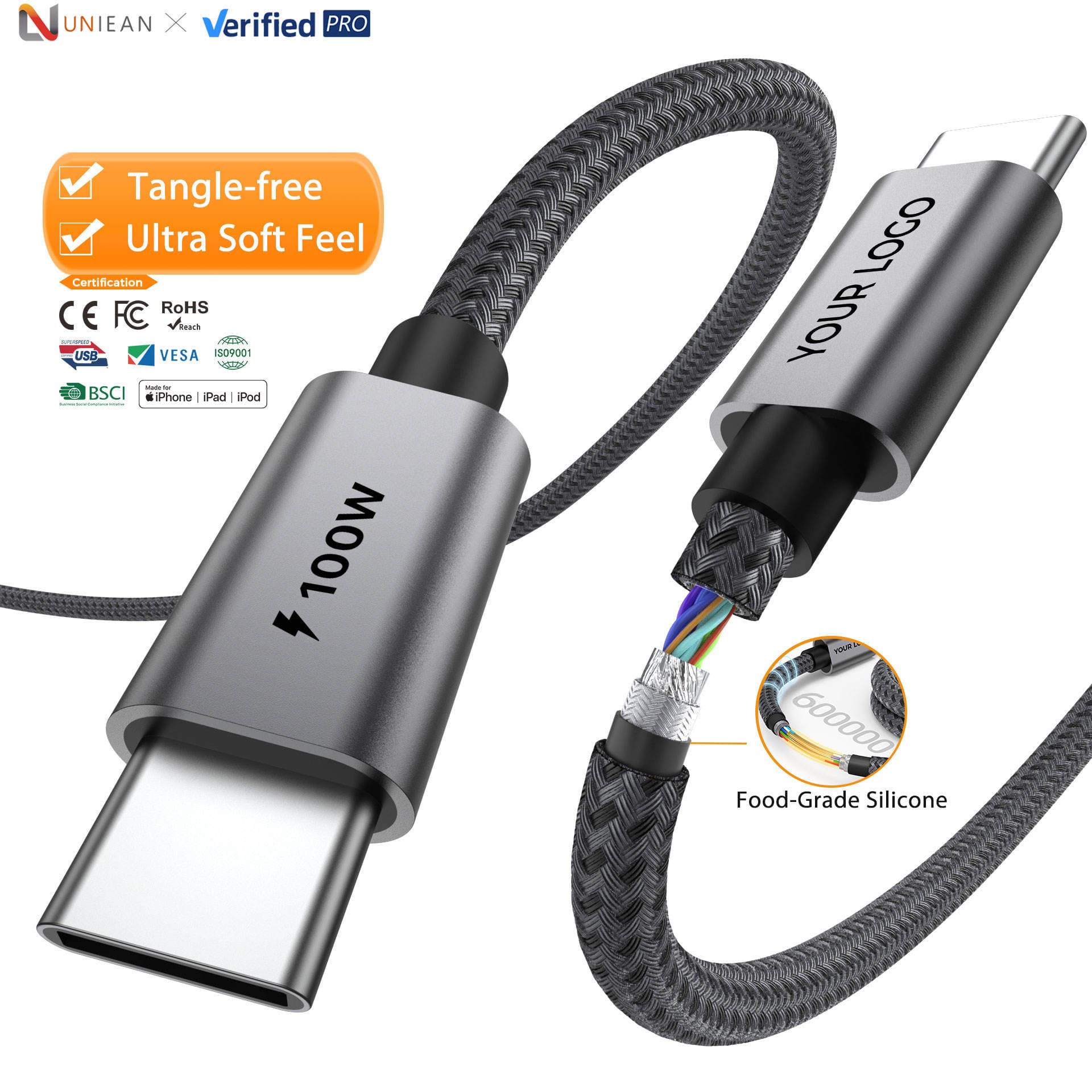 UNIEAN Factory Wholesale Braided Silicone 60W Usb C Fast Charging Cable Data Cables USB C 3A Type-c Cable for iphone