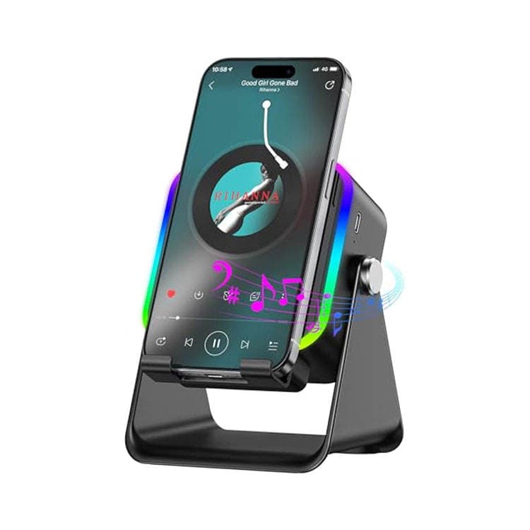 Wireless Induction Speaker 5-in-1 Bluetooth Speaker with Phone Stand Rechargeable RGB Ambient Light 360&deg; Holder for Phone Pad