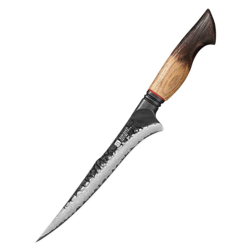 XINZUO Original Design Damascus Steel 7.5 Inch Kitchen Fillet Knife with Unique White Oak Burnt Wood Handle