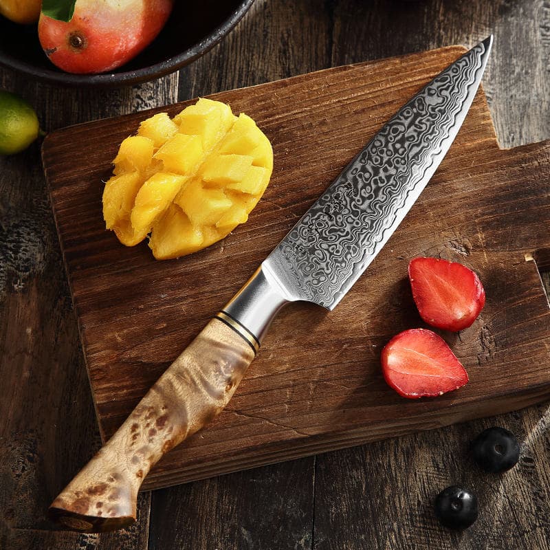 5 Inch Damascus Steel Kitchen Utility Knife With Figured Sycamore Handle