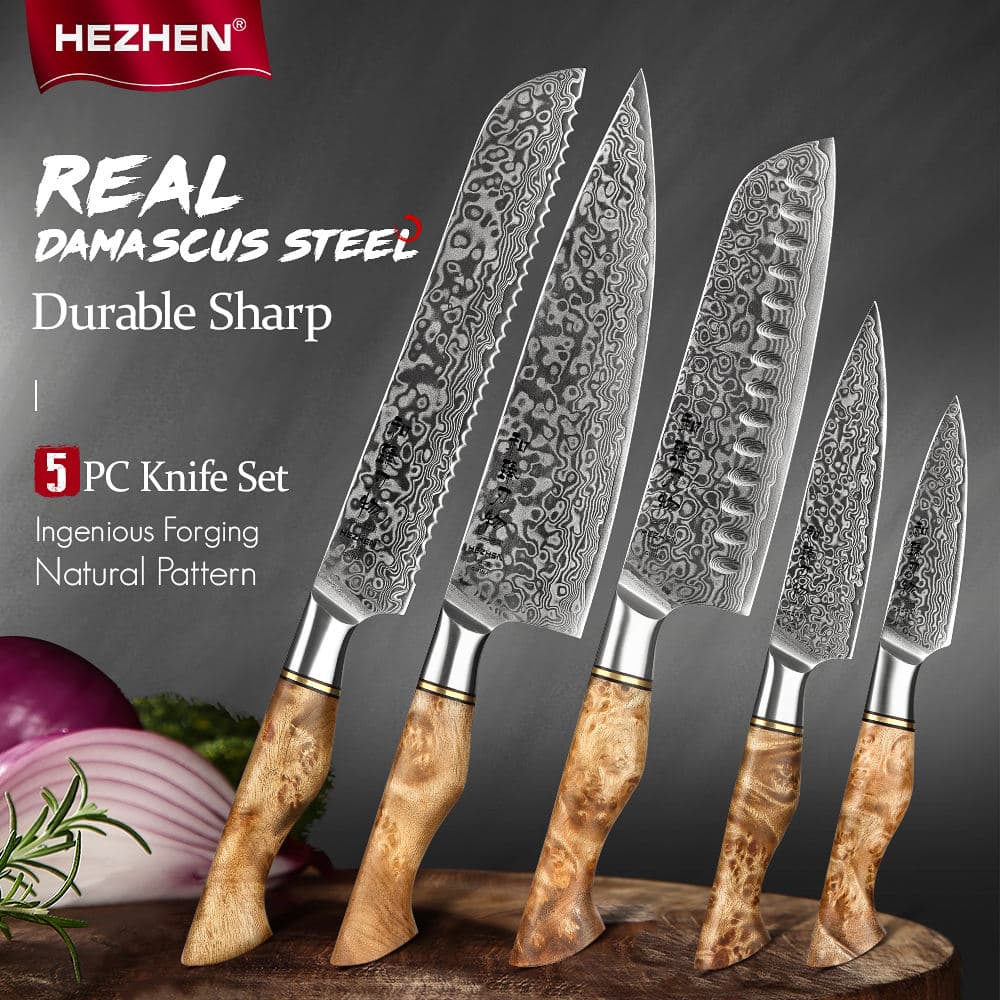 HEZHEN Super Sharp Damascus Steel Premium Kitchen Chef Knife Set With Figured Sycamore Wood Handle