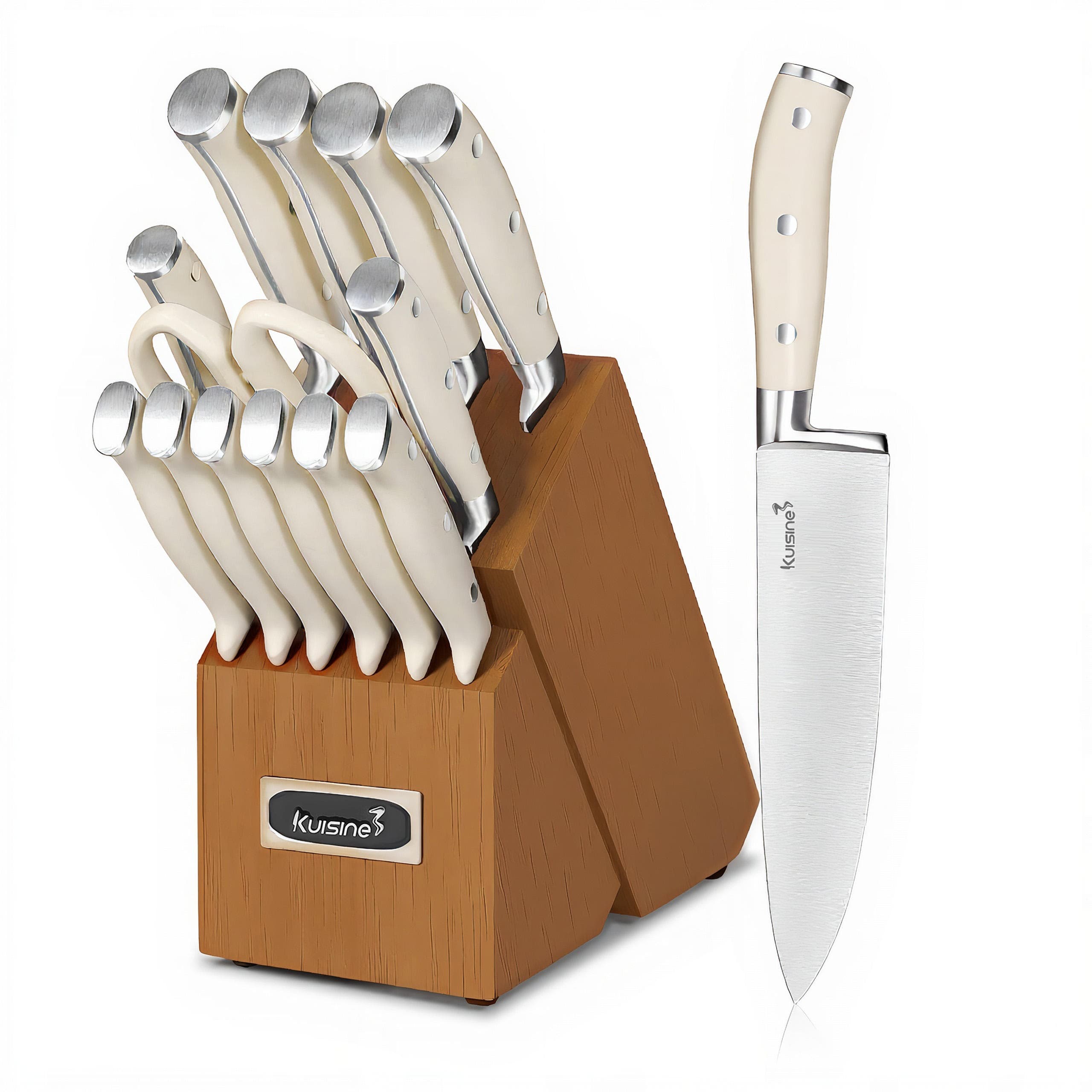 Kuisine 15-Piece High Carbon Stainless Steel Knife Block Set Built-In Sharpener Ergonomic Ambidextrous Handles Kitchen Knives