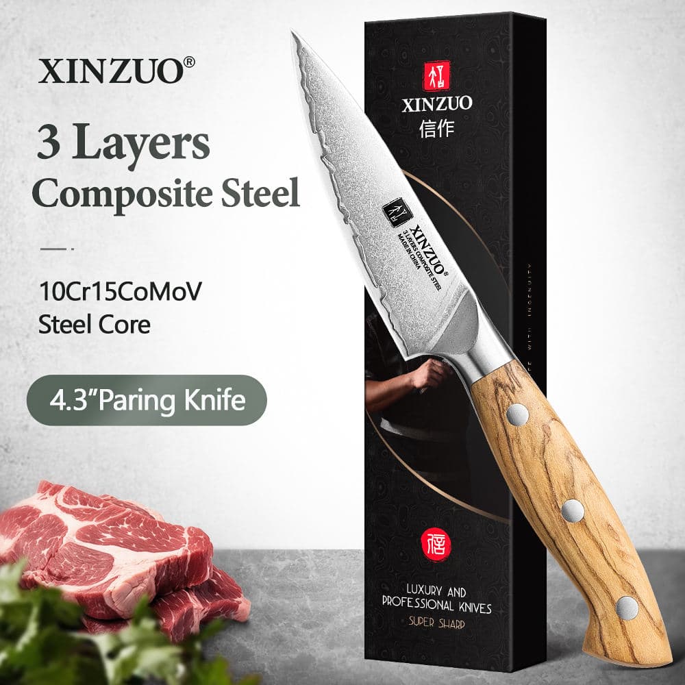 New Design 3 Layers Composite Steel Paring Knife with High Quality Olive Wood Handle