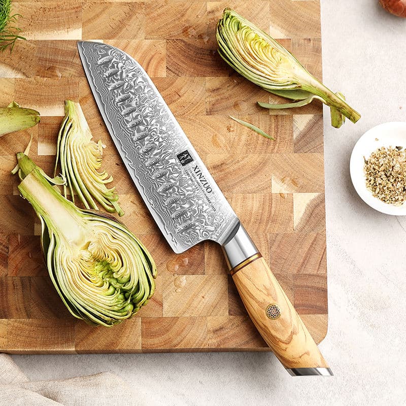 Newest Design 14Cr Core S35vn Damascus Powder Steel Olive Wood Handle Handmade Kitchen Santoku Knife 7 INCH Gifts